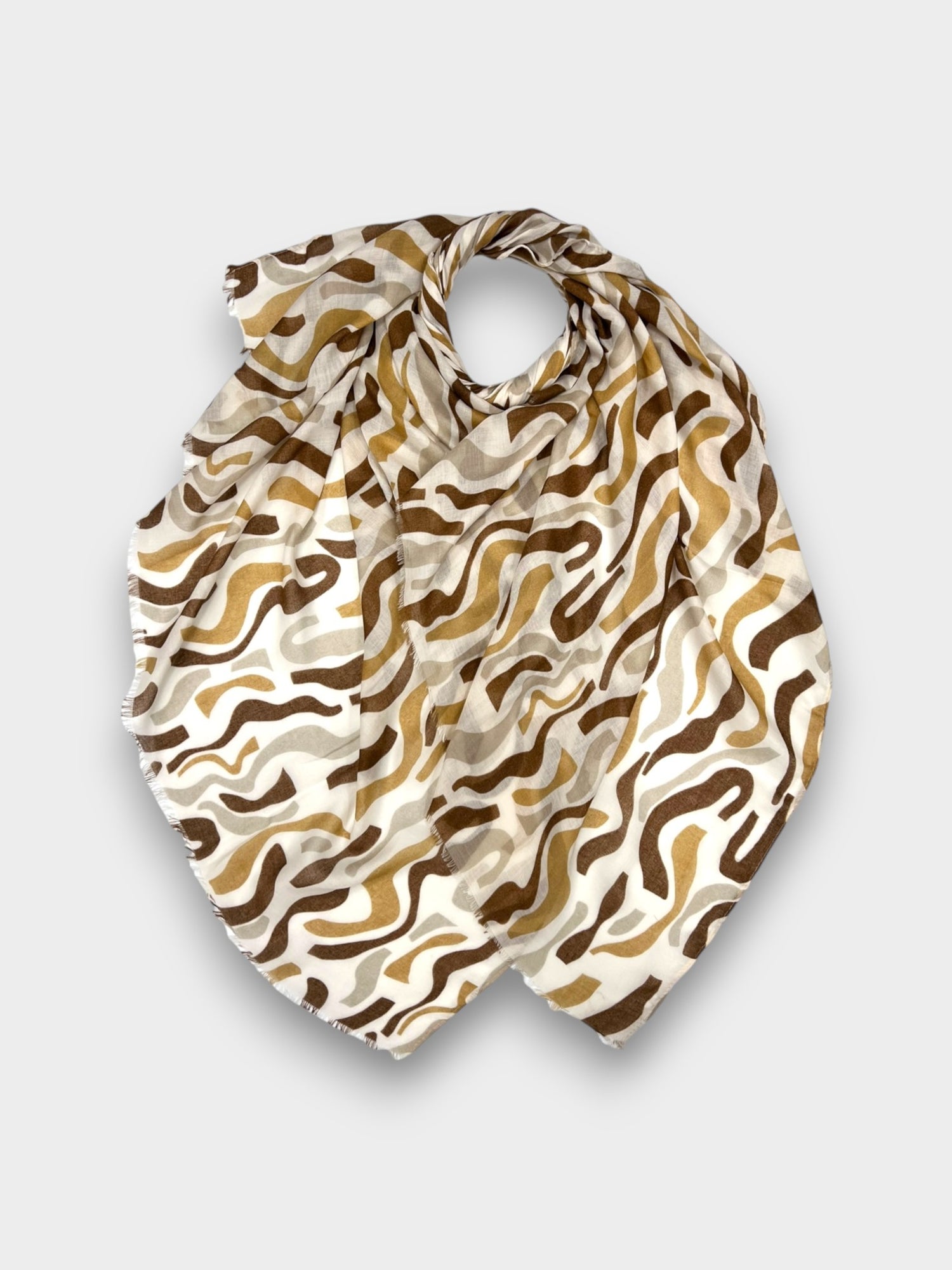 Swirl waves print on scarf with fringes - Beige