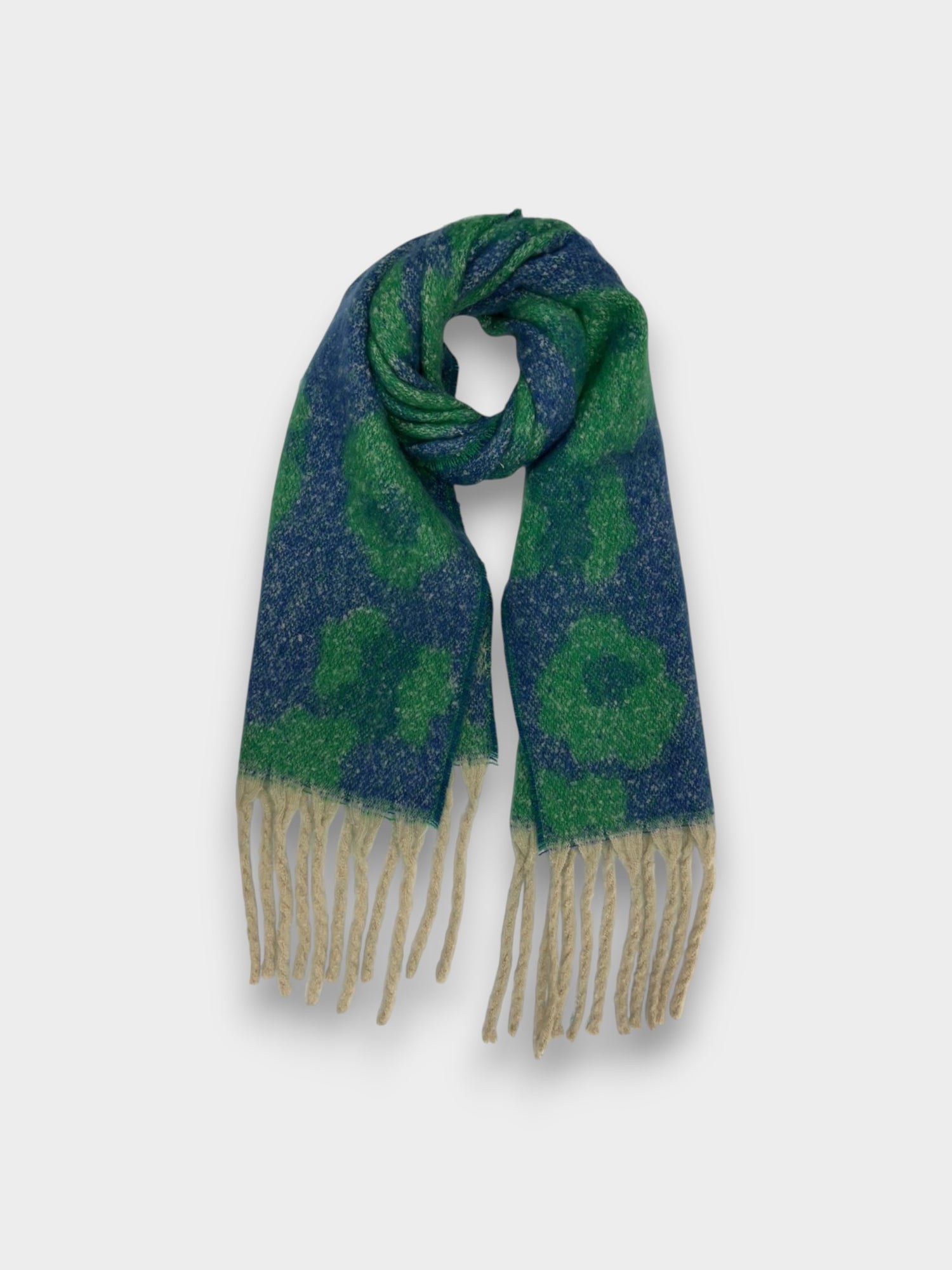 Fluffy Leopard Print Winter Scarf with Tassels - Green Blue
