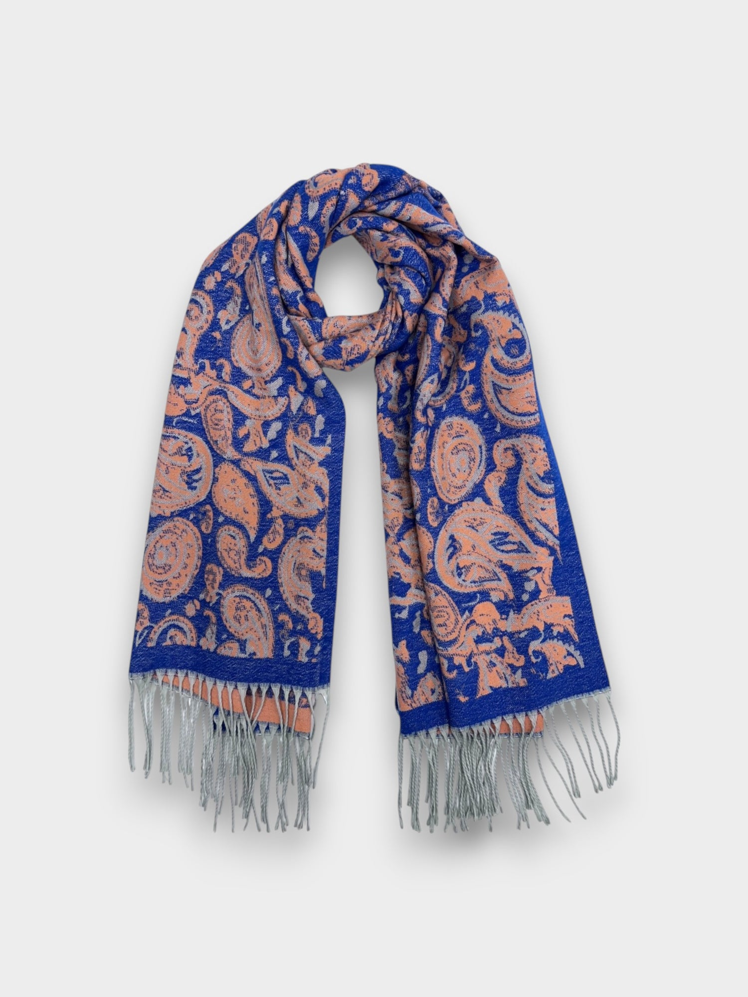 Elegant Paisley Wool Blend Scarf with tassels - Royal Blue