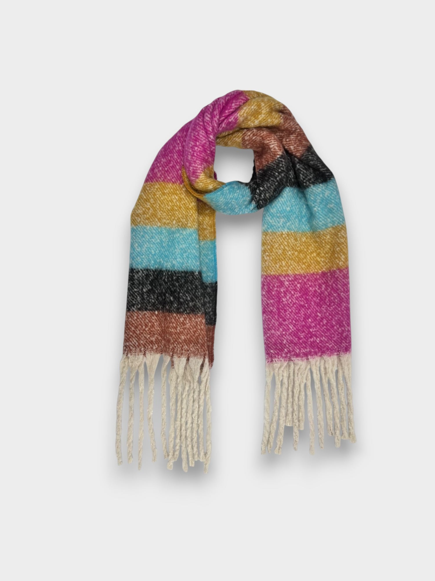 Fluffy striped blanket scarf with tassels - Turqoise Brown