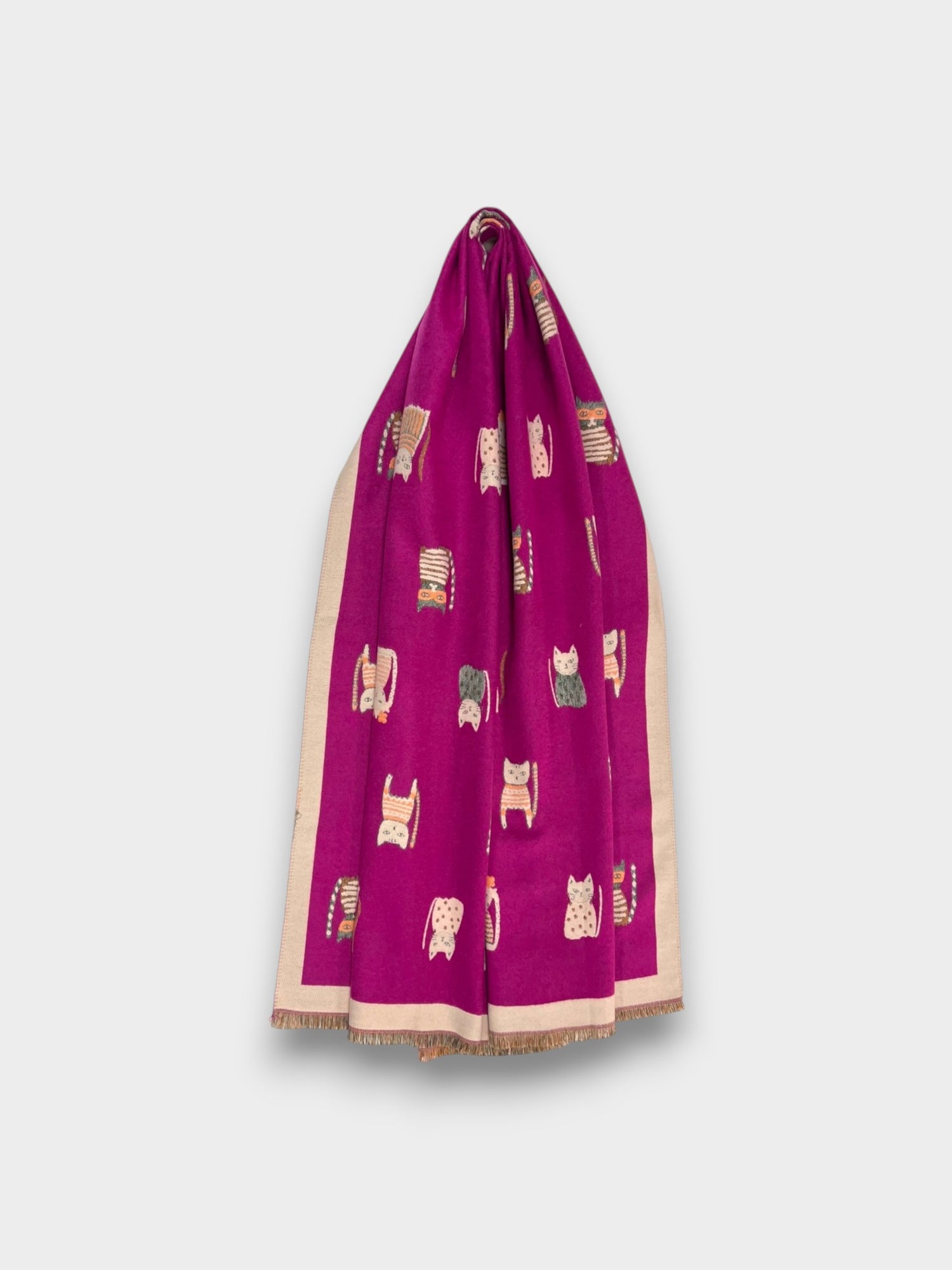 Colourful Cat prints on Wool blend - Hot Pink
