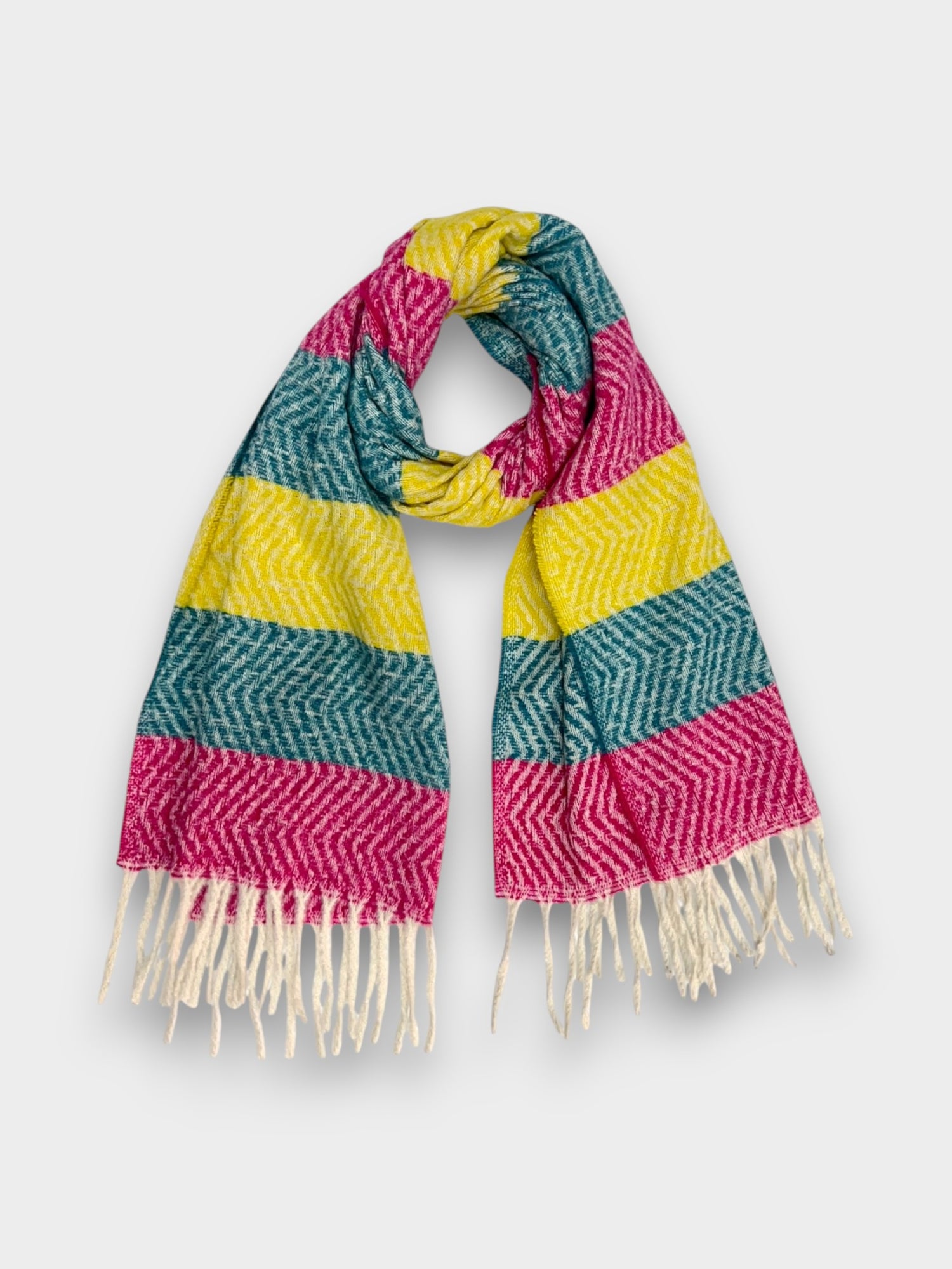 Colourfull striped zigzag winter scarf - Mustard Teal