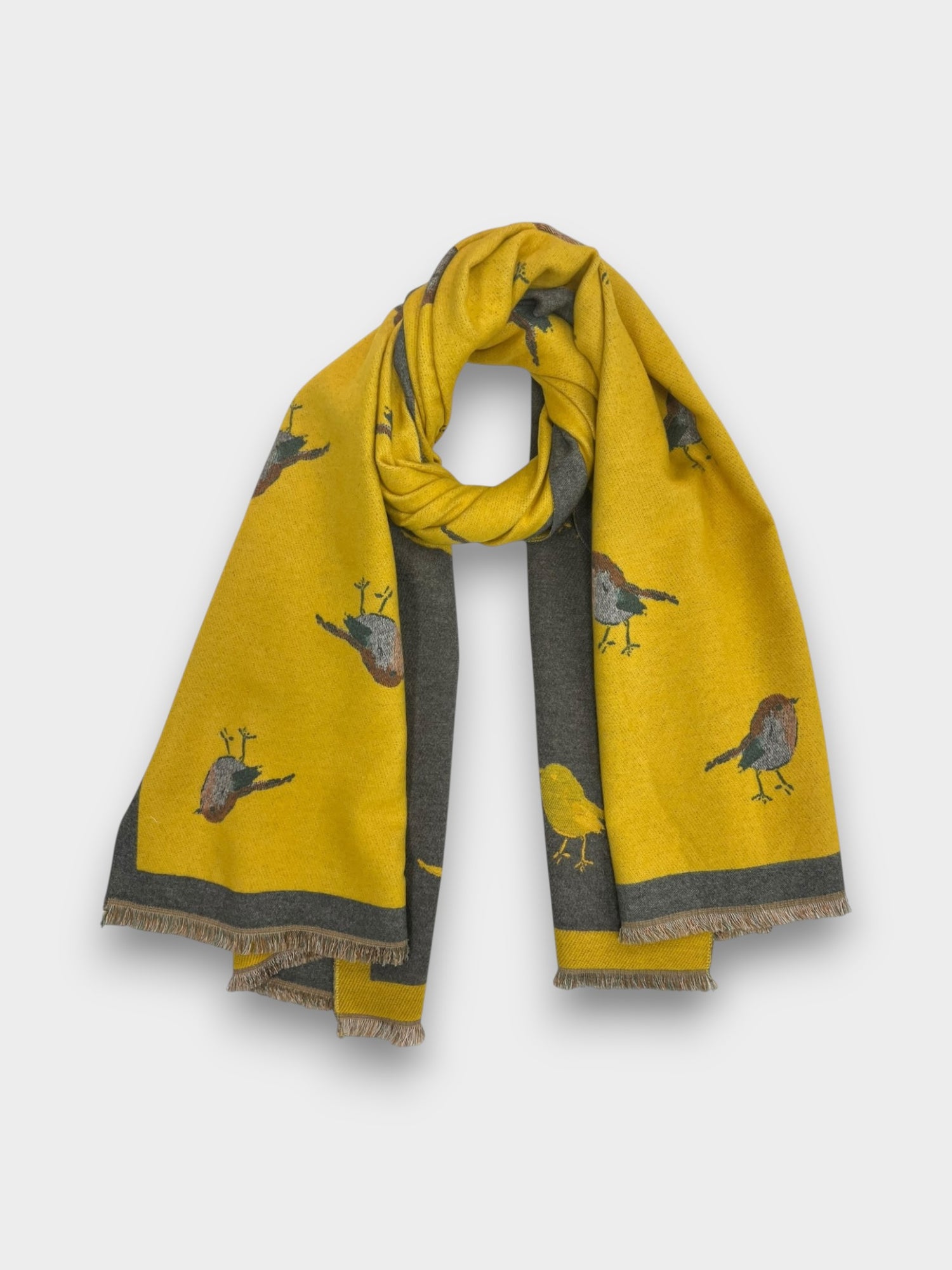 Robin Embroidered Print Winter Scarf on Reversible Cashmere Blend - Mustard