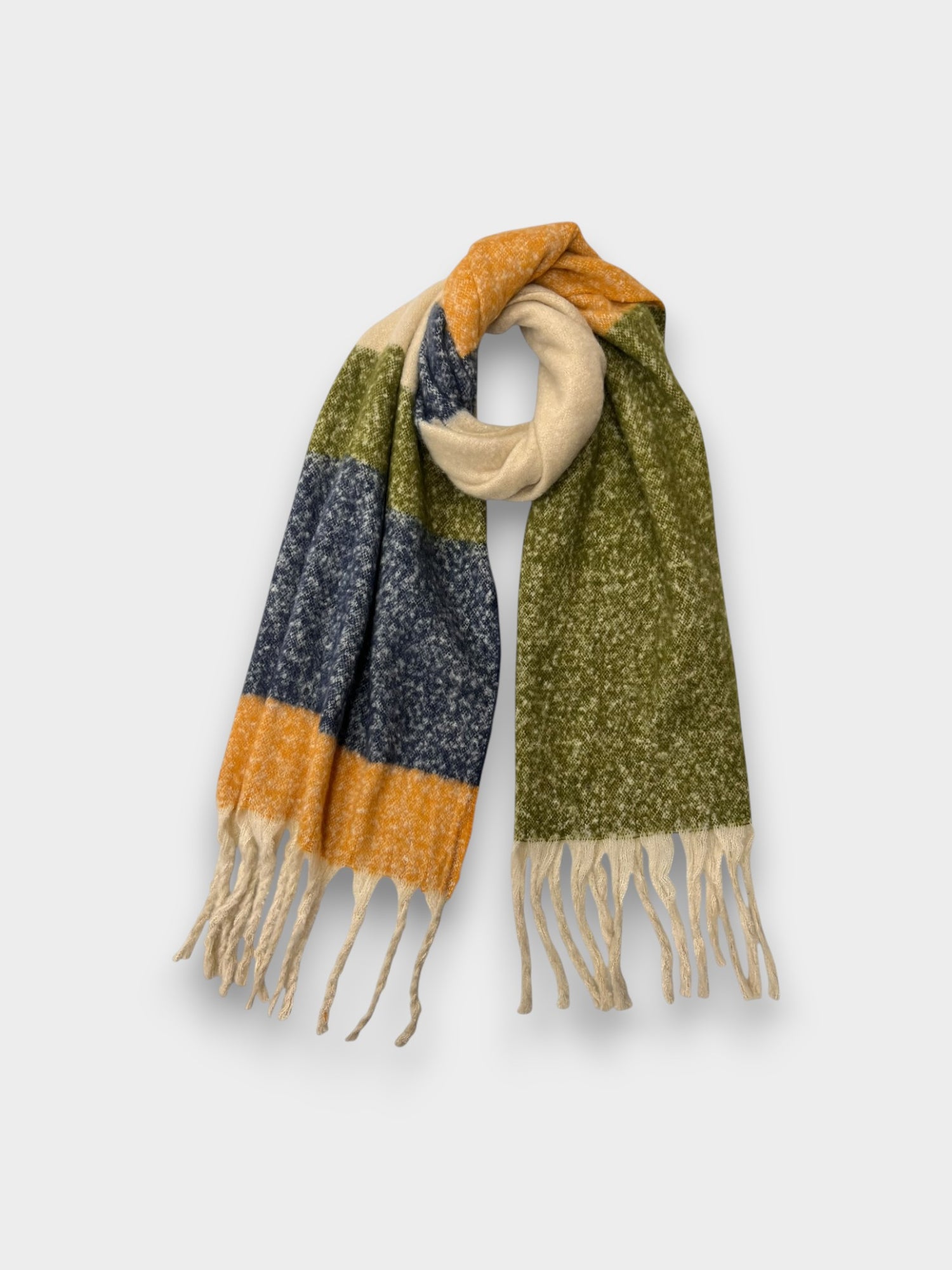 Fluffy colourful block scarf with tassels - Khaki