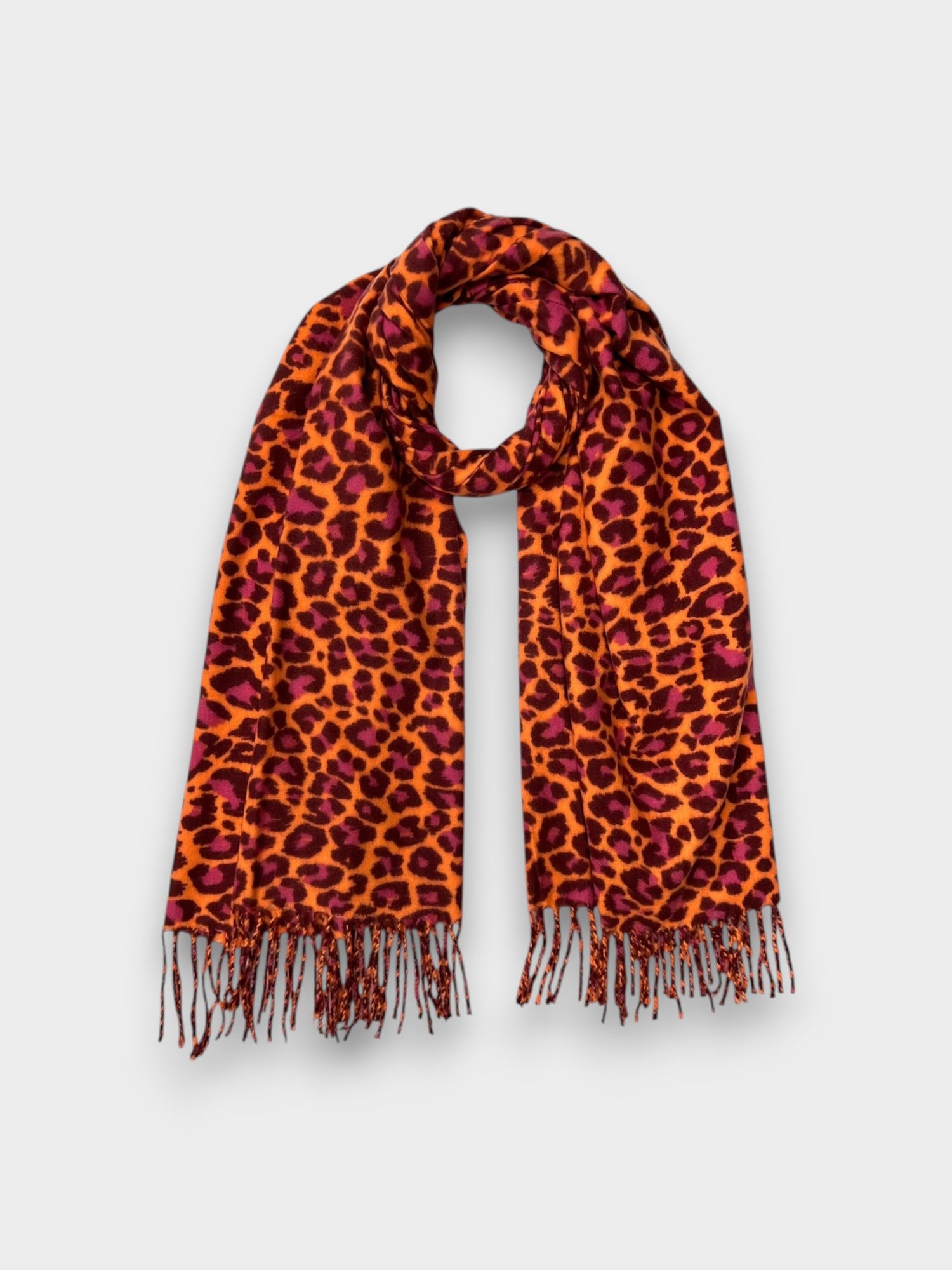 Bold Leopard Print Scarf with Fringed Ends - Orange
