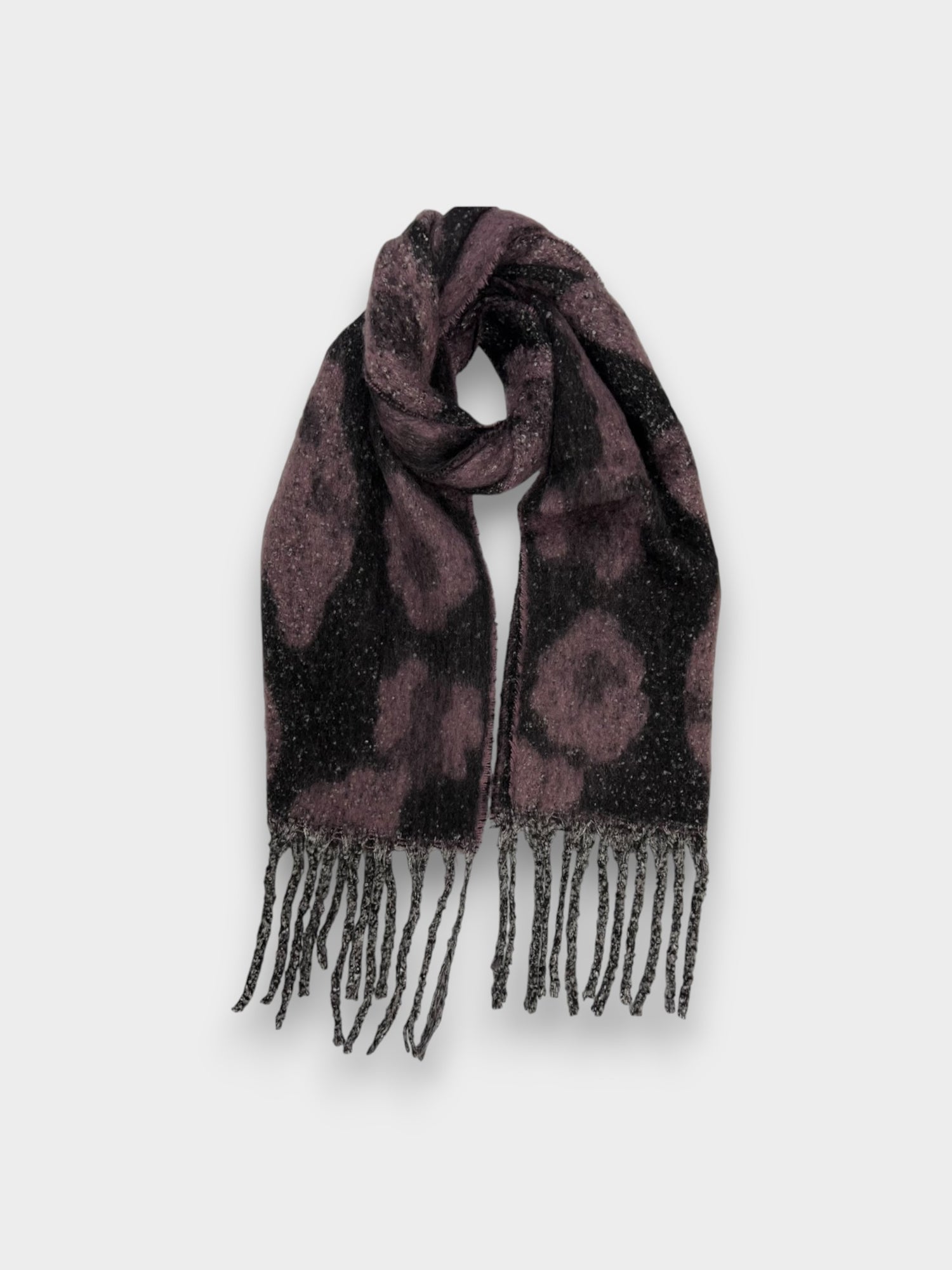 Fluffy Leopard Print Winter Scarf with Tassels - Purple Black