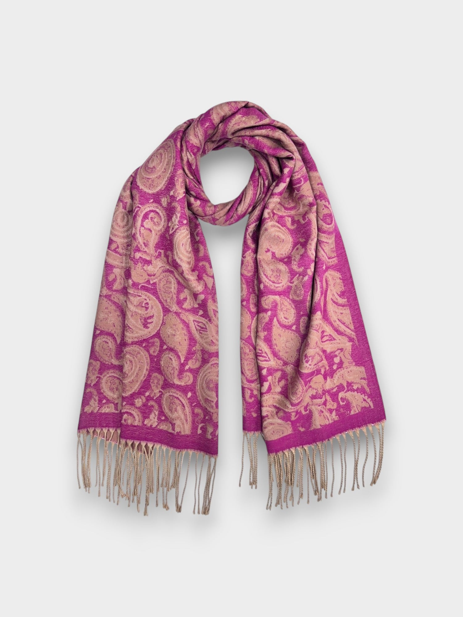 Elegant Paisley Wool Blend Scarf with tassels - Hot Pink