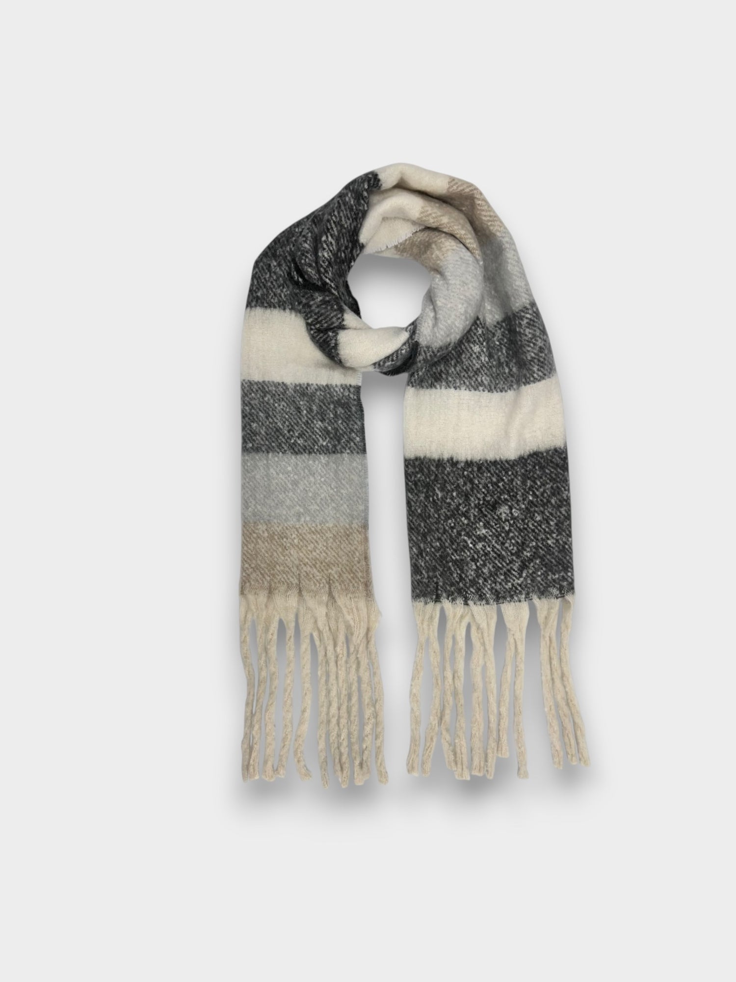 Fluffy striped blanket scarf with tassels - Black Grey
