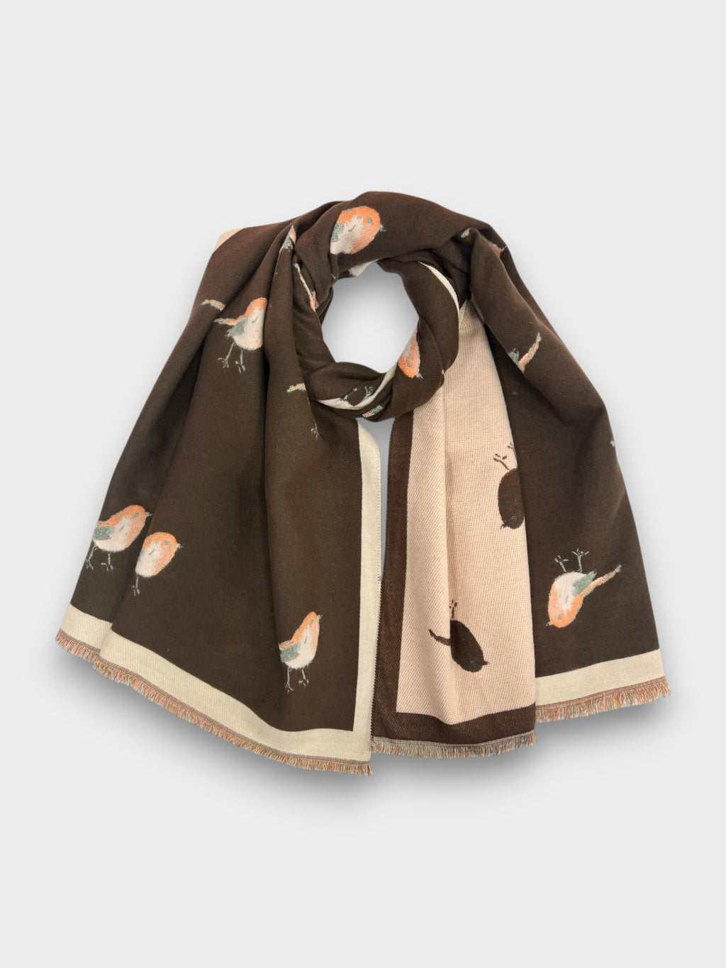 Robin Embroidered Print Winter Scarf on Reversible Cashmere Blend