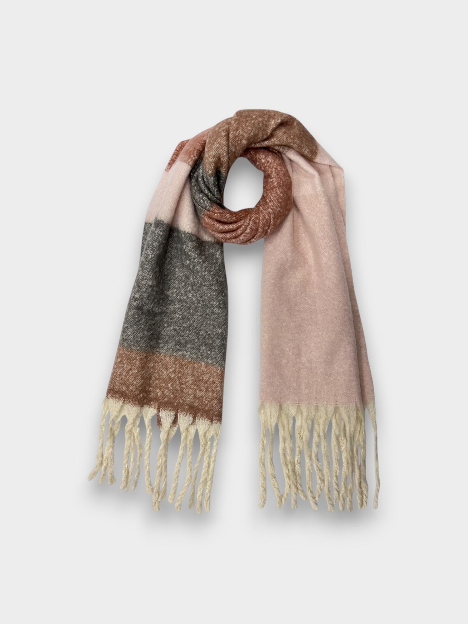 Fluffy colourful block scarf with tassels - Pink