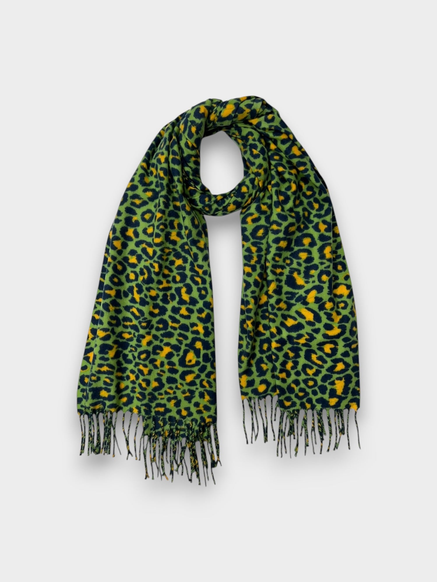 Bold Leopard Print Scarf with Fringed Ends - Green