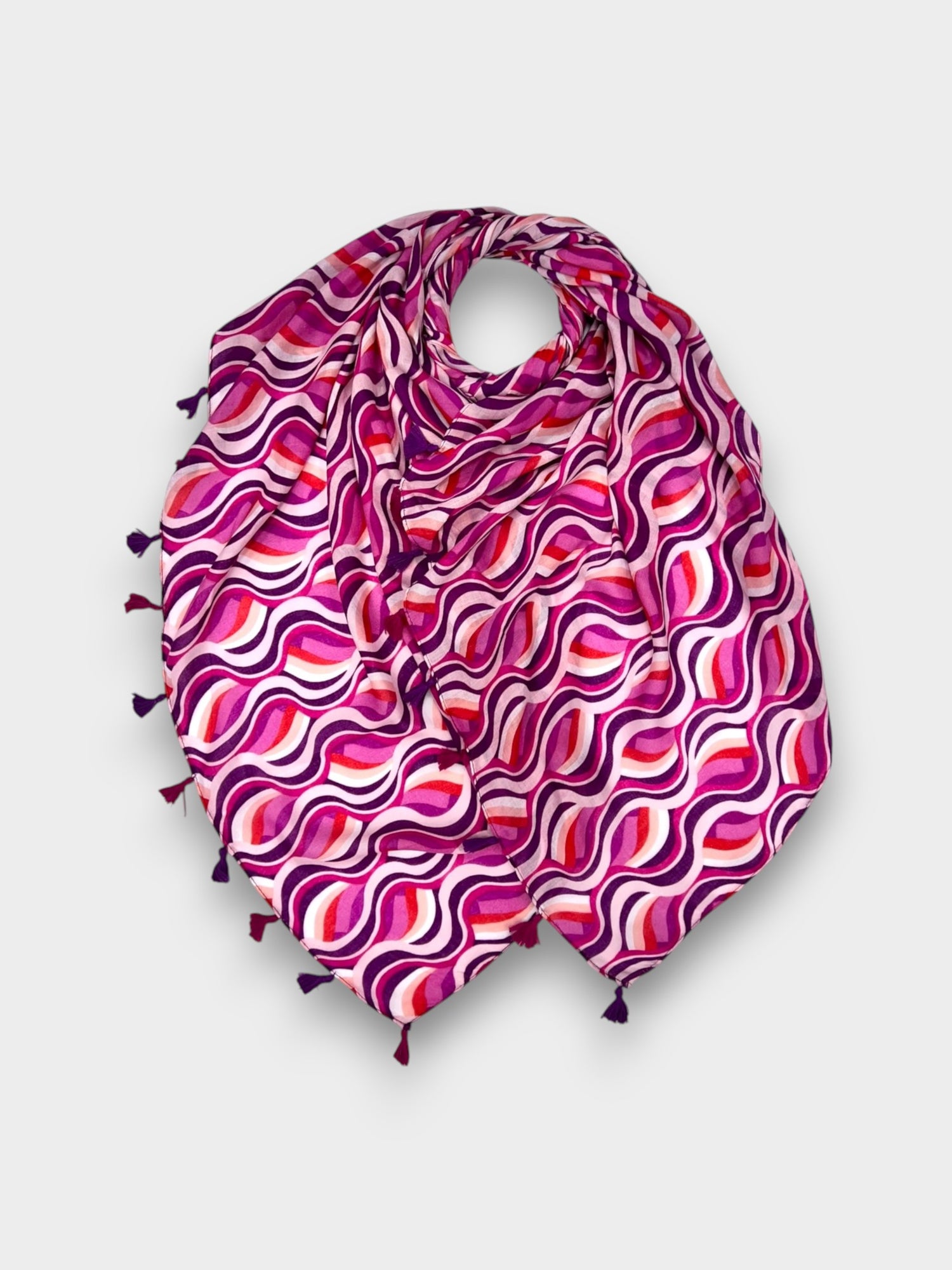 Retro Swirl waves printed scarf finished with tassels - Pink