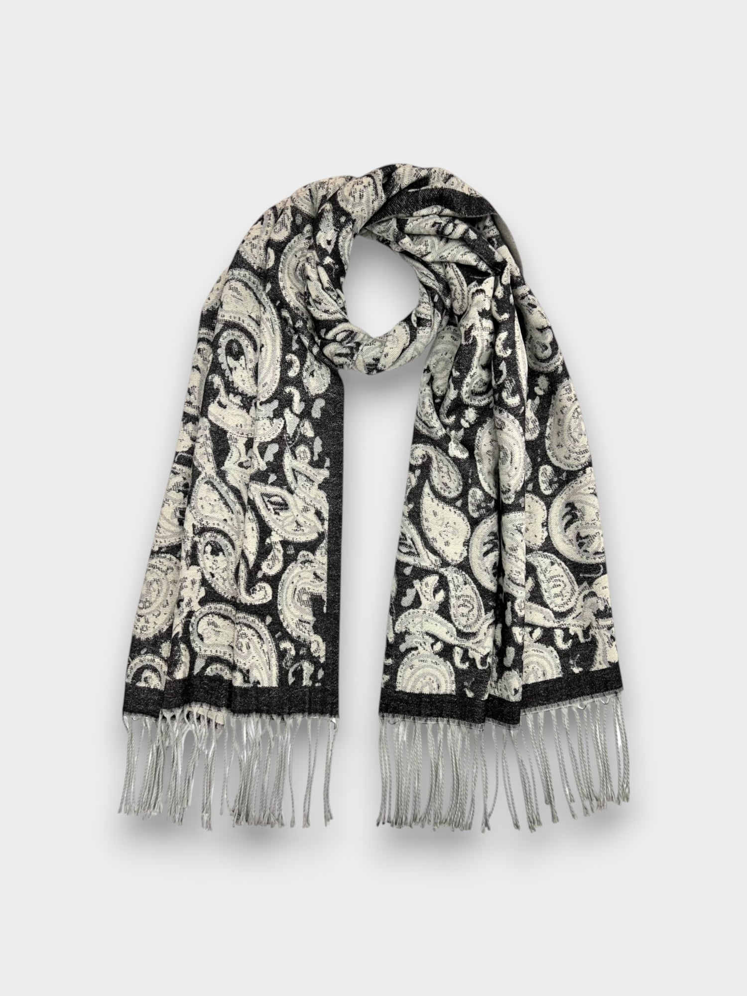 Elegant Paisley Wool Blend Scarf with tassels - Black