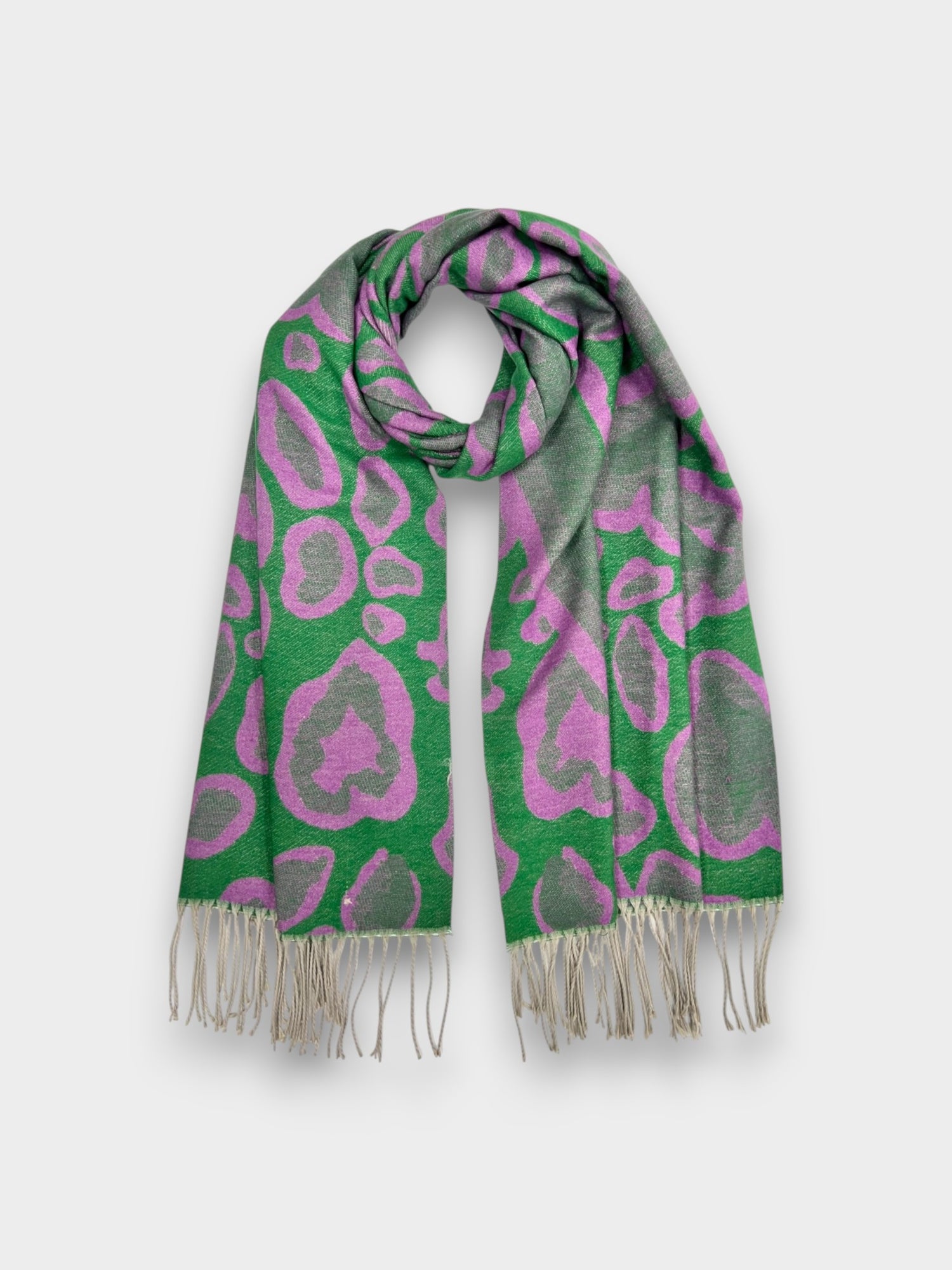 Bold Leopard Print Scarf with Tassels - Green Lilac
