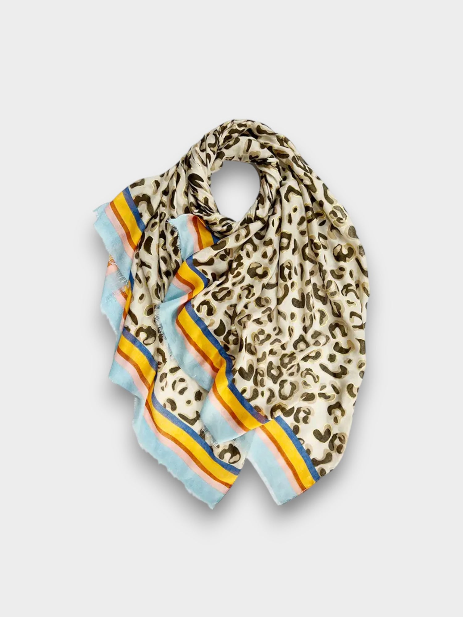 Printed Leopard Pattern Lightweight Scarf With Colorful Border - Blue