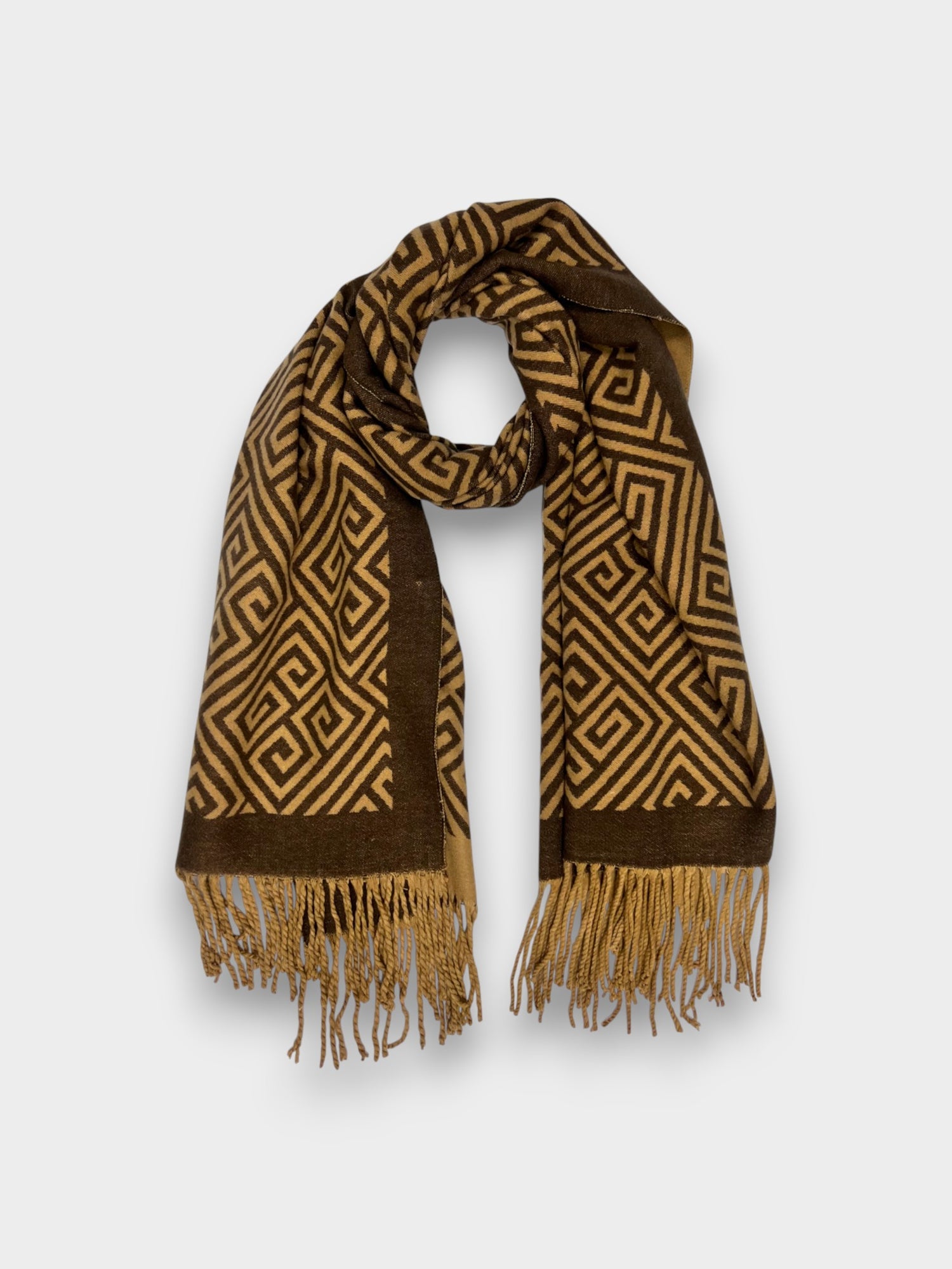 Maze Print Cashmere Blend Winter Scarf - Brown