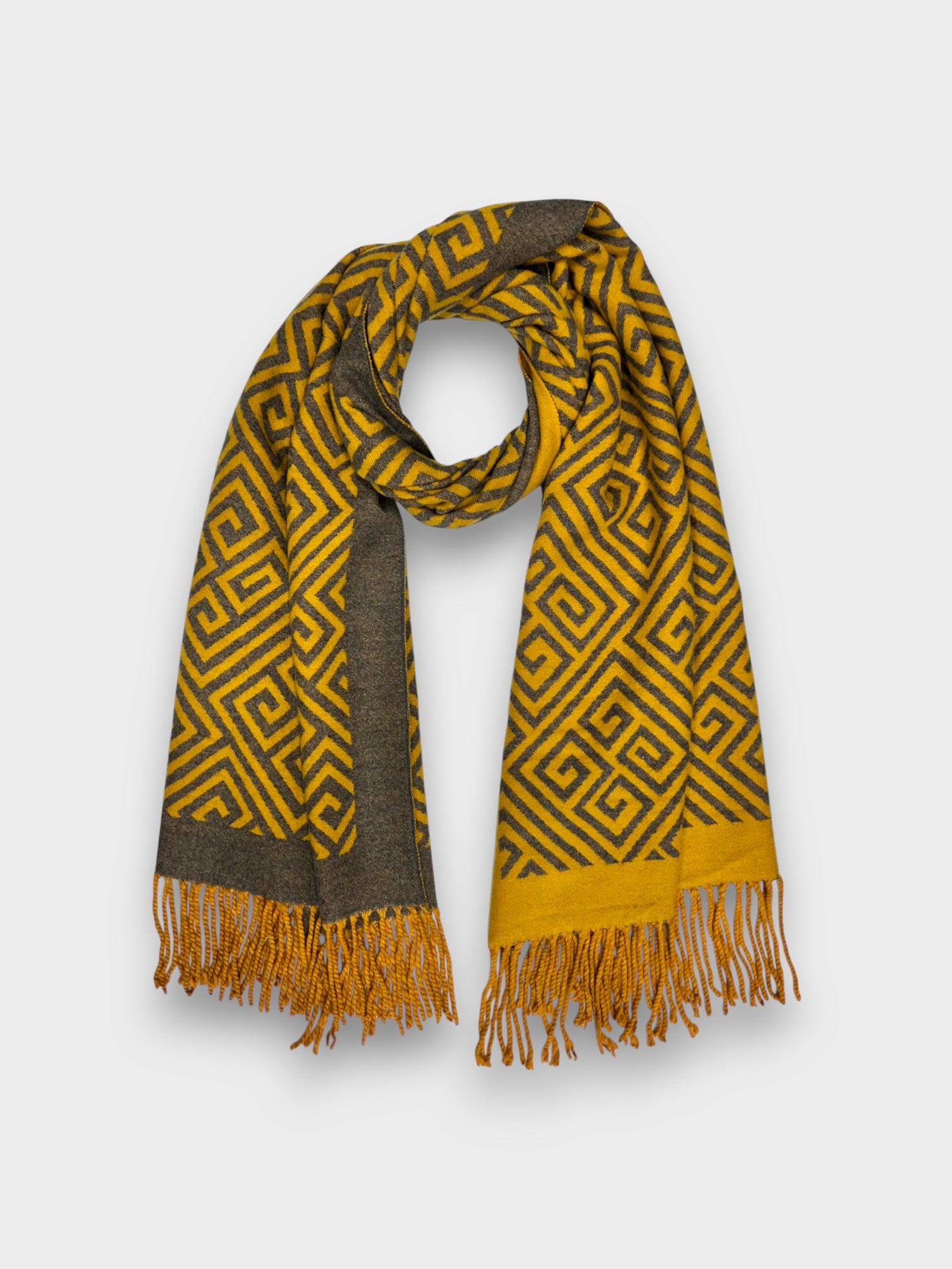 Maze Print Cashmere Blend Winter Scarf - Mustard