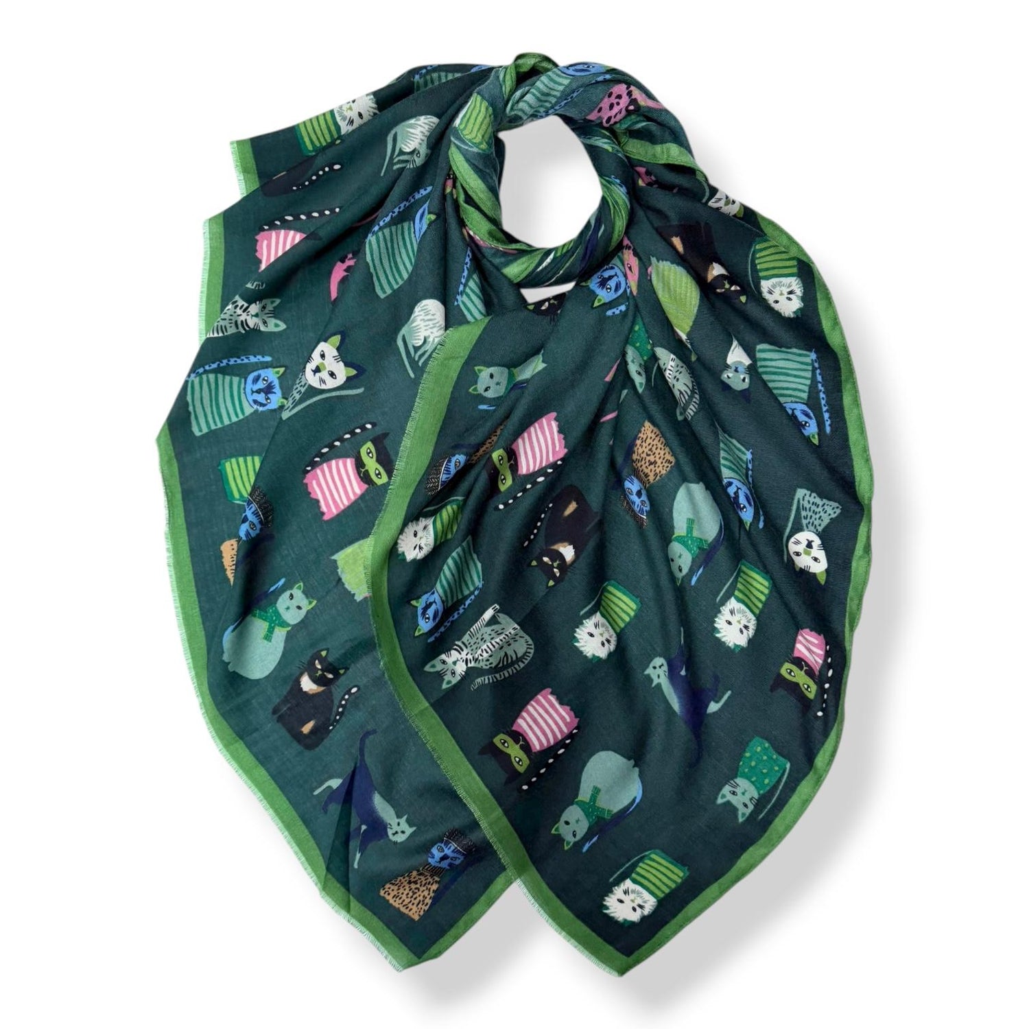 Cats Prints On Lightweight Scarf With Fringes - Green