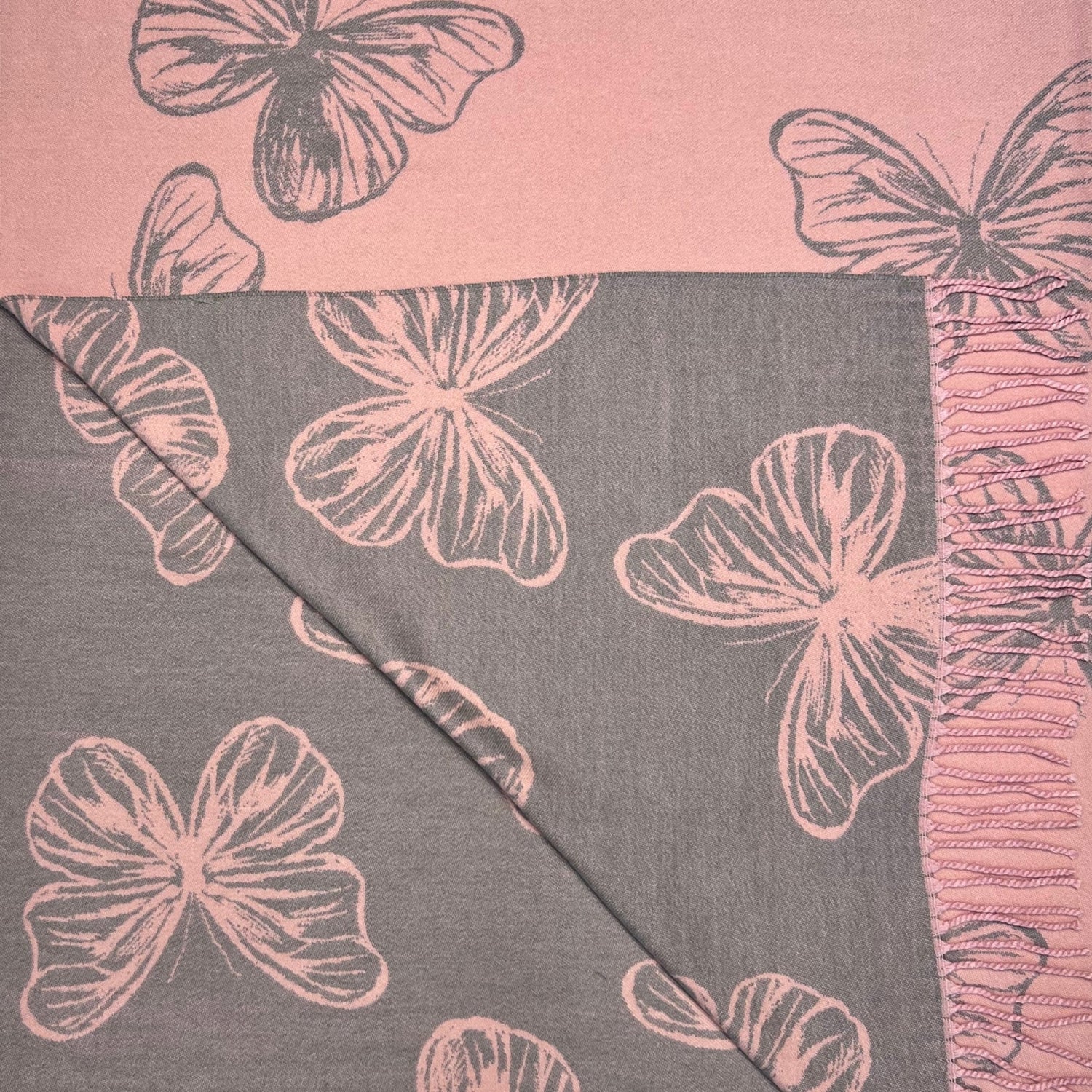 Butterfly Print Cashmere Blend Winter Scarf with Tassels - Pink