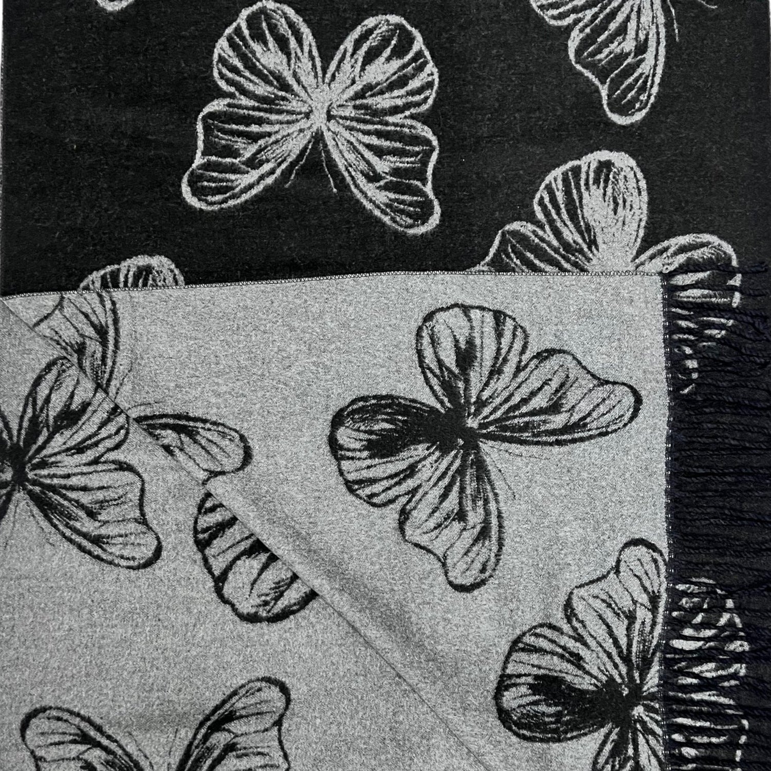 Butterfly Print Cashmere Blend Winter Scarf with Tassels - Black
