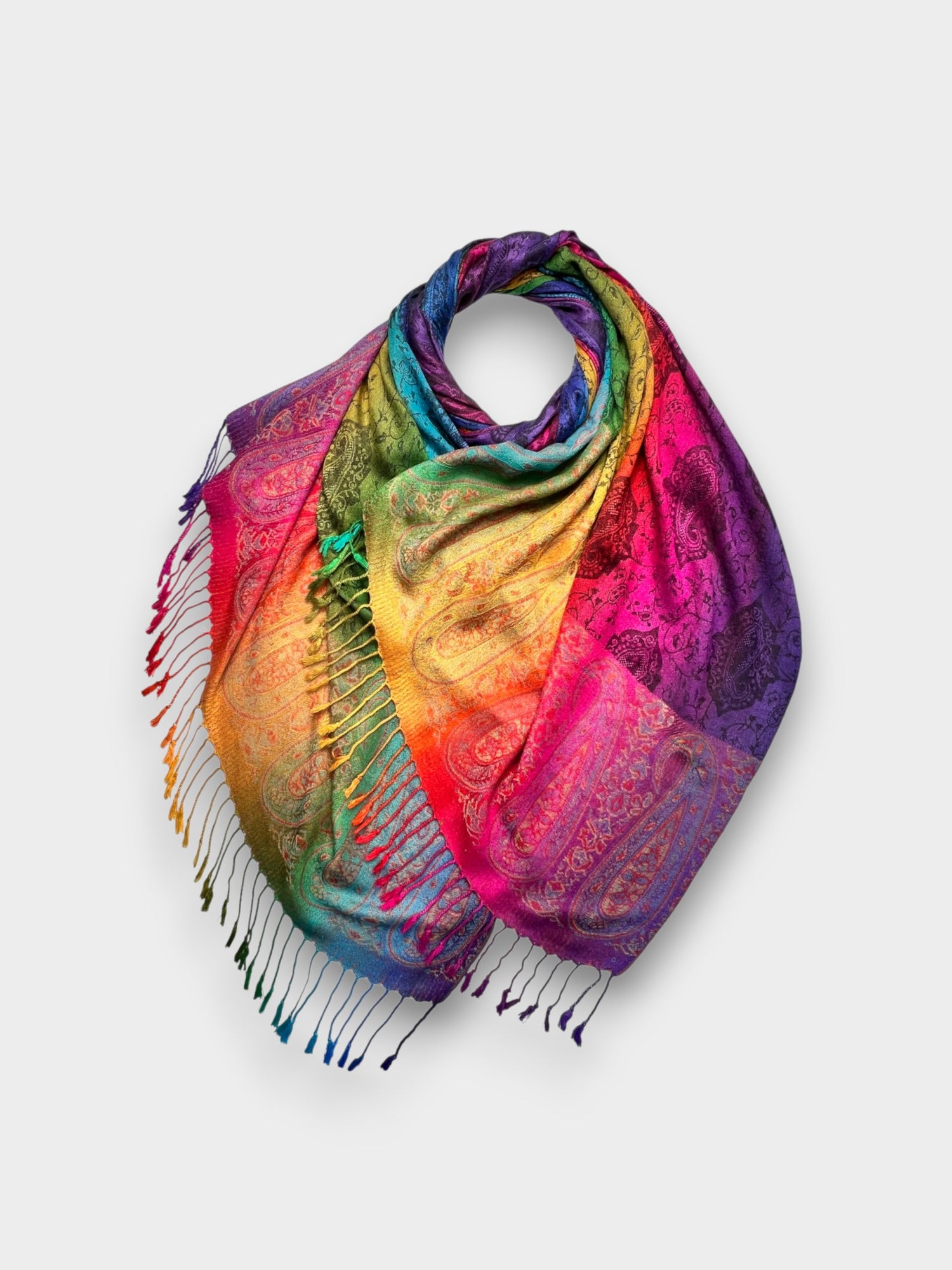 Pashmina With Tassels - Rainbow Paisley Print - Black