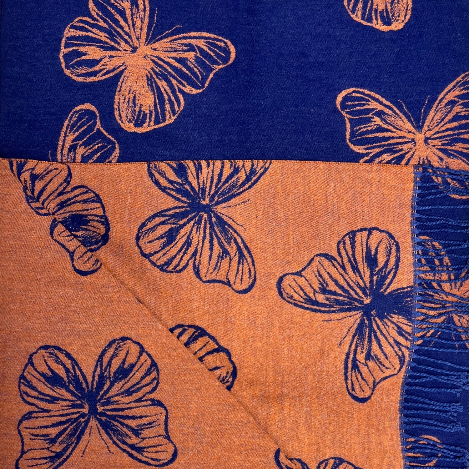 Butterfly Print Cashmere Blend Winter Scarf with Tassels - Rust