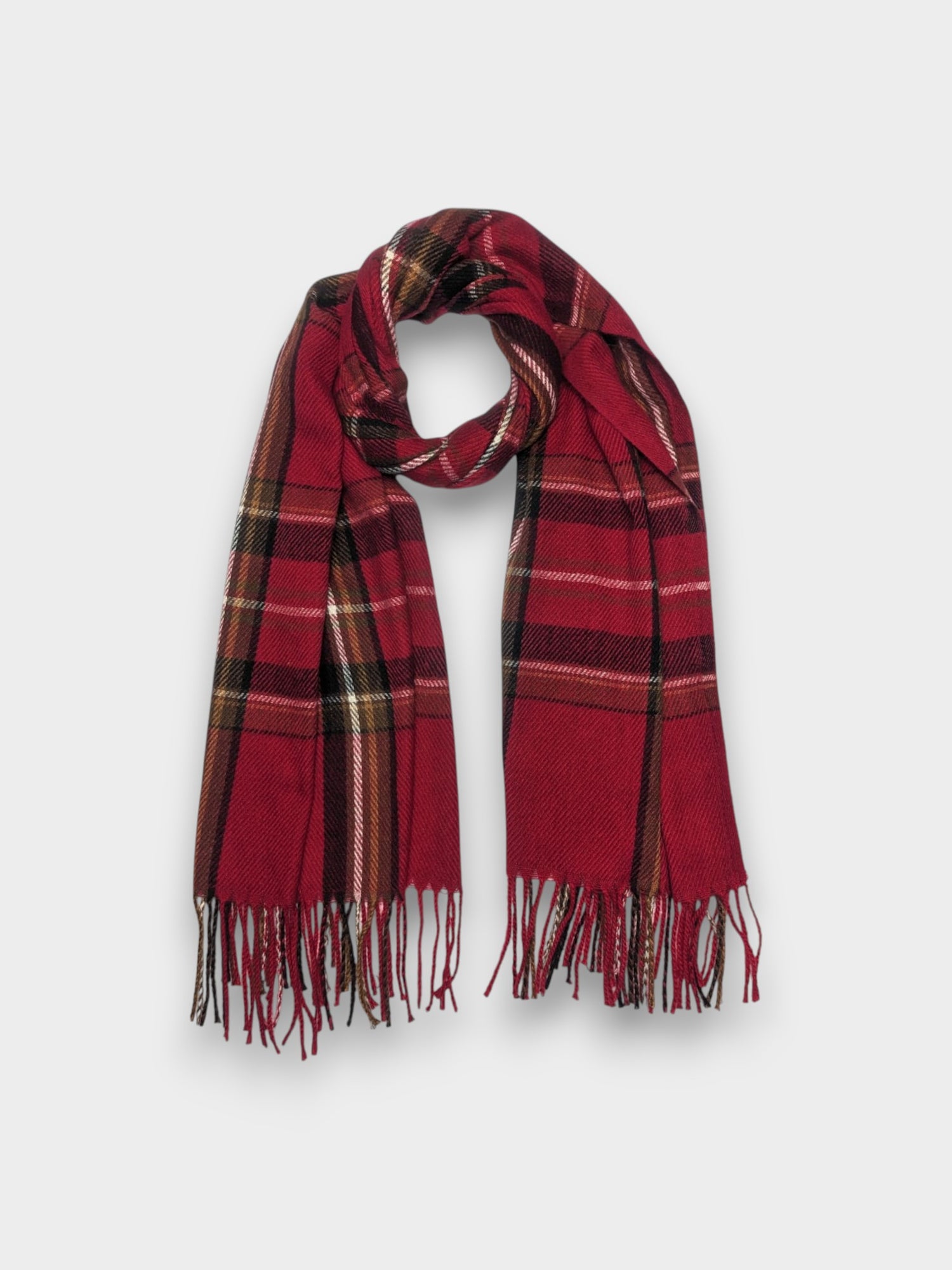 Winter Scarf: Tartan Woven with Tassels - Red