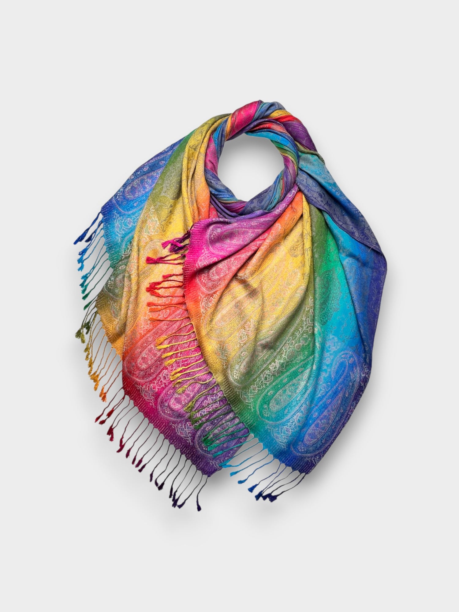 Pashmina With Tassels - Rainbow Paisley Print - Grey