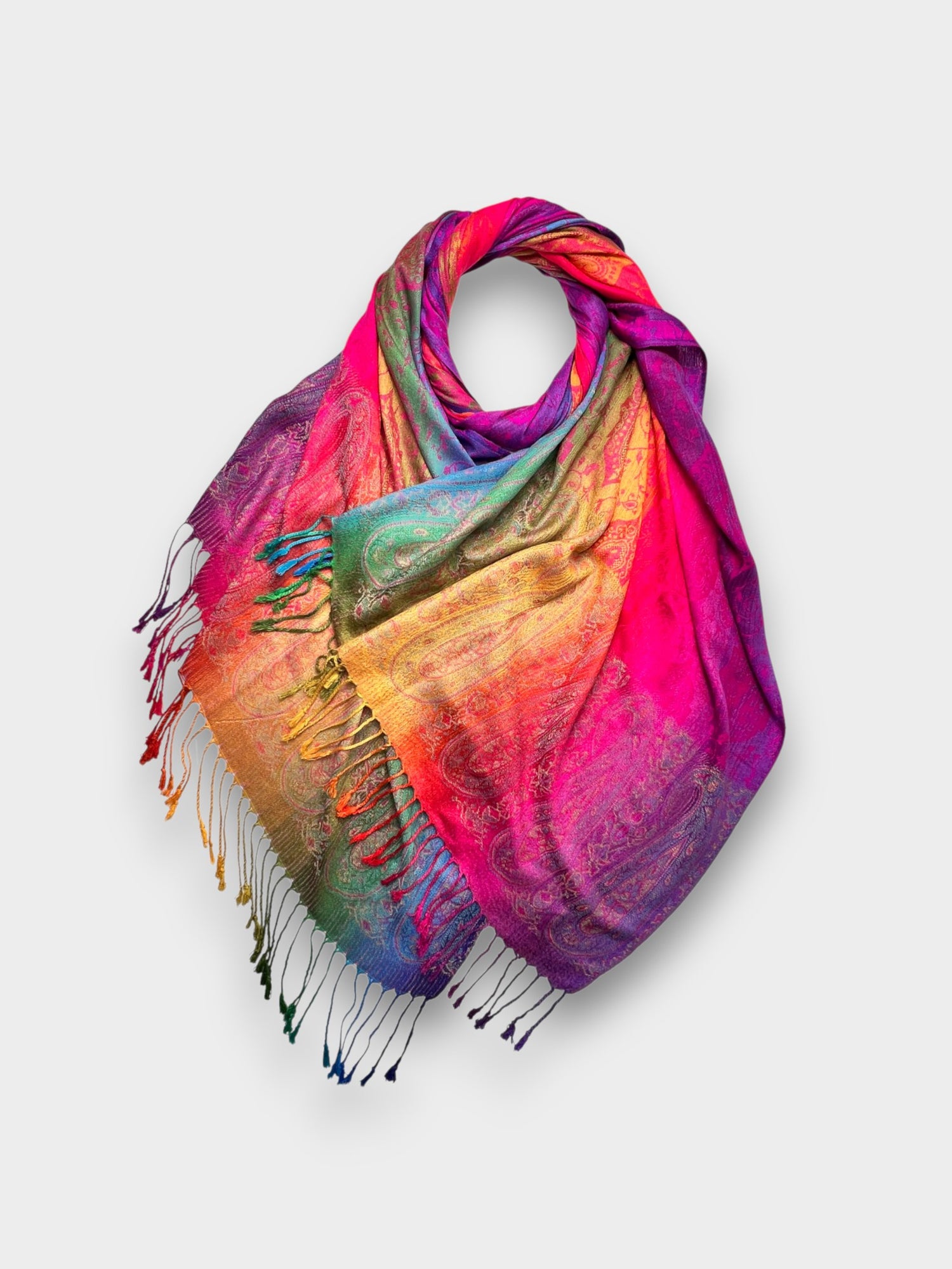 Pashmina With Tassels - Rainbow Paisley Print - Hot Pink