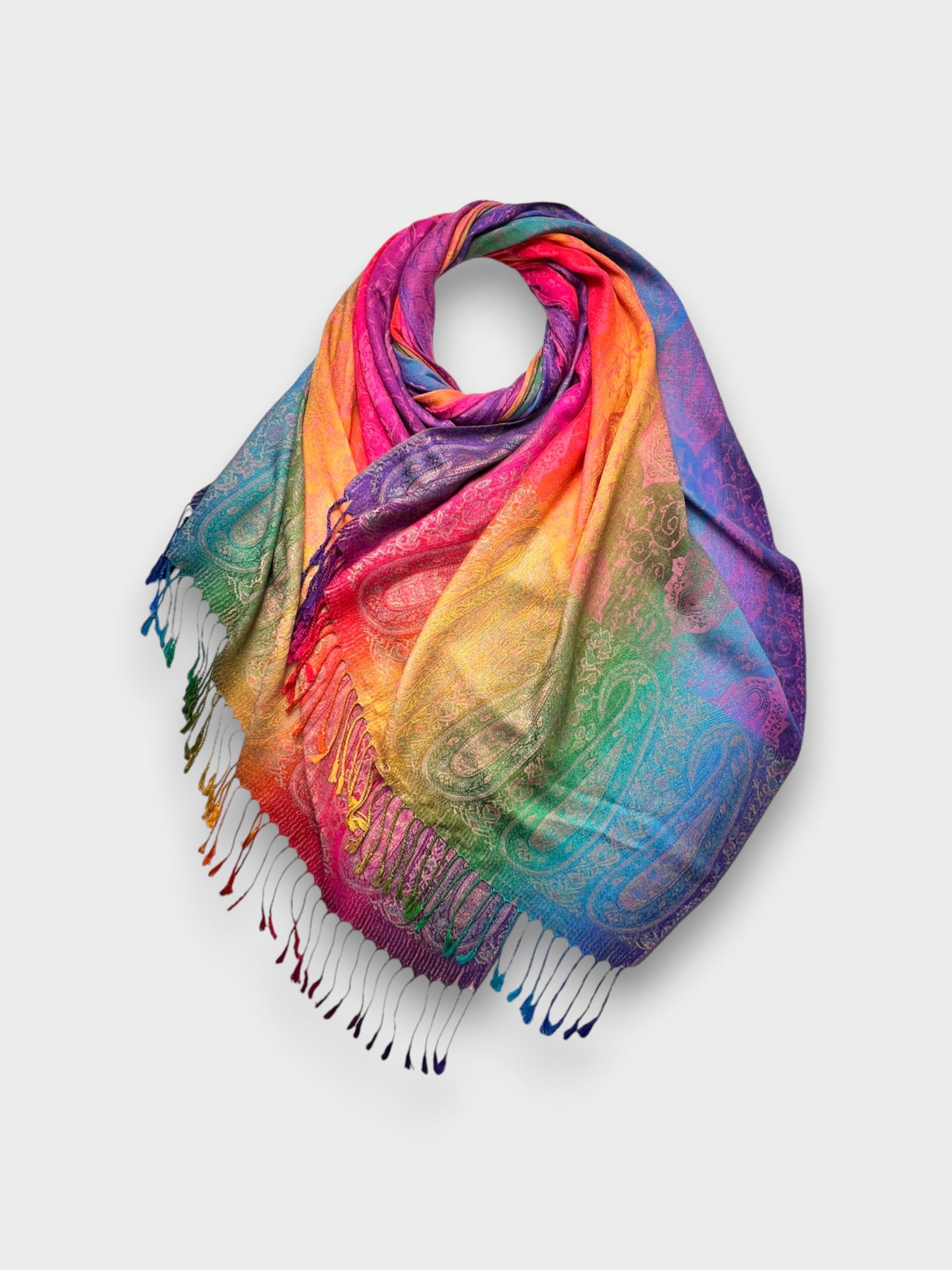 Pashmina With Tassels - Rainbow Paisley Print - Pink
