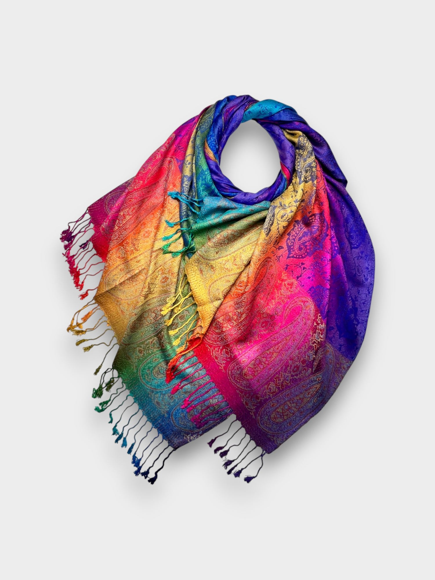 Pashmina With Tassels - Rainbow Paisley Print - Royal Blue