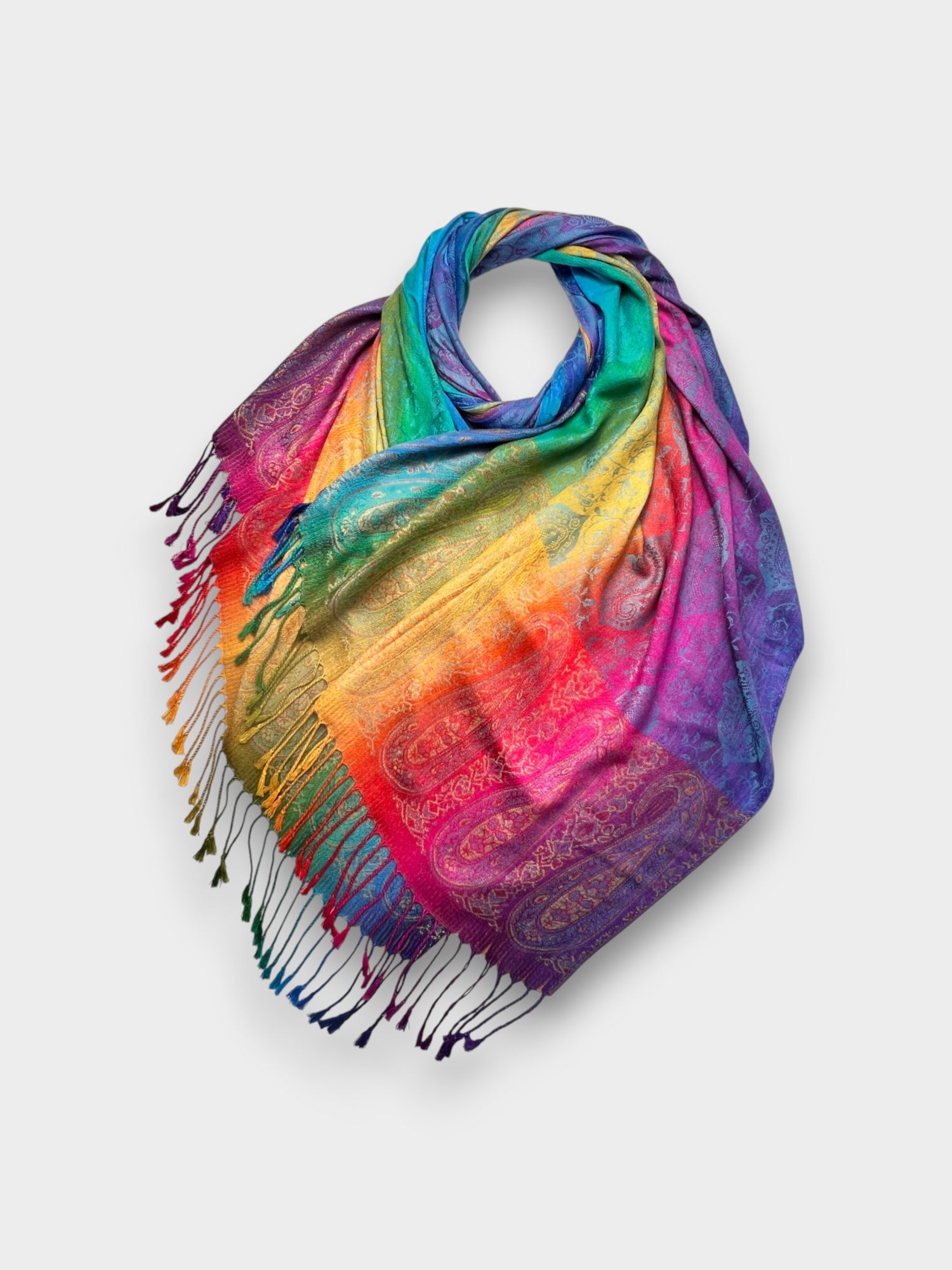 Pashmina With Tassels - Rainbow Paisley Print - Turqoise